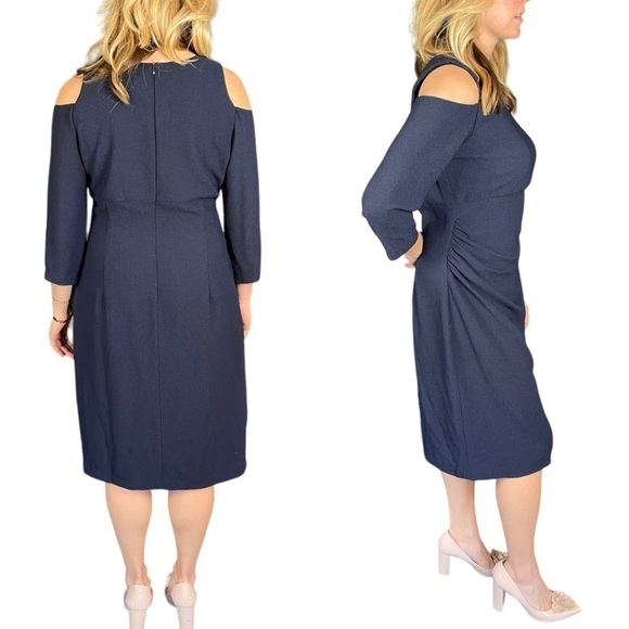 DAVID MEISTER BLUE COLD SHOULDER GATHERED HIP KNEE LENGTH 3/4 SLEEVE DRESS - Picture 2 of 12